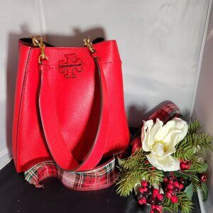 Like New!  Tory Burch red pebble leather McGraw bucket bag with dust bag